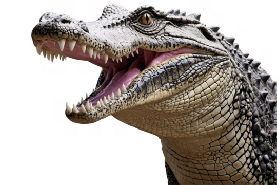 A detailed depiction of a crocodile with its mouth open, set against a transparent, white background in png format