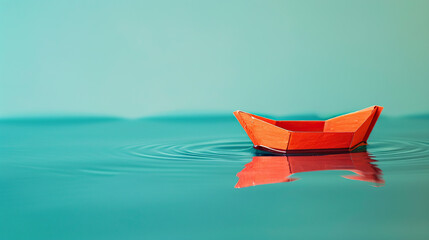 Fototapeta premium Toy orange boat floating on water on isolate blue background