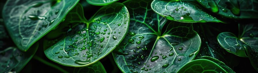 Close-up of green leaves with water droplets after rain. Nature background, showcasing the freshness and vibrancy of plant life.