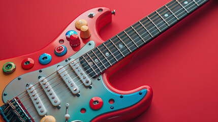 Obraz premium I imagine a close-up image of a red electric guitar against a red background This image focuses on the beauty and detail of the guitar, highlighting its vibrant color and sleek design