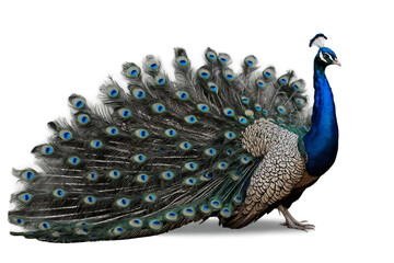 A vibrant peacock with full feathers on display, suitable for transparent, white background, png use in various designs
