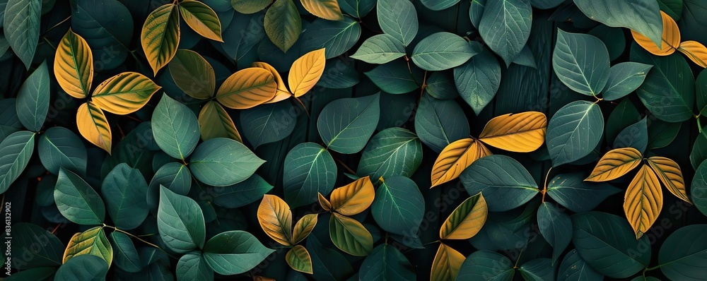Poster vibrant foliage with a mix of dark green and yellow leaves creating a striking, natural pattern perf