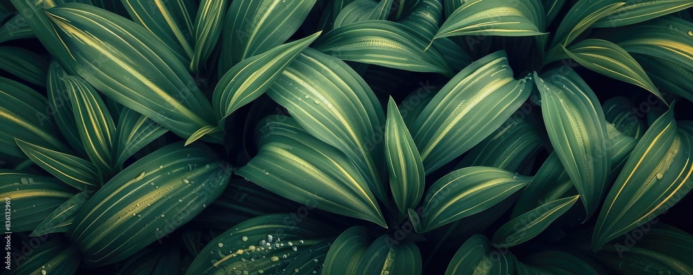 Poster close-up shot of lush green leaves with striking patterns, creating a vibrant and fresh natural back