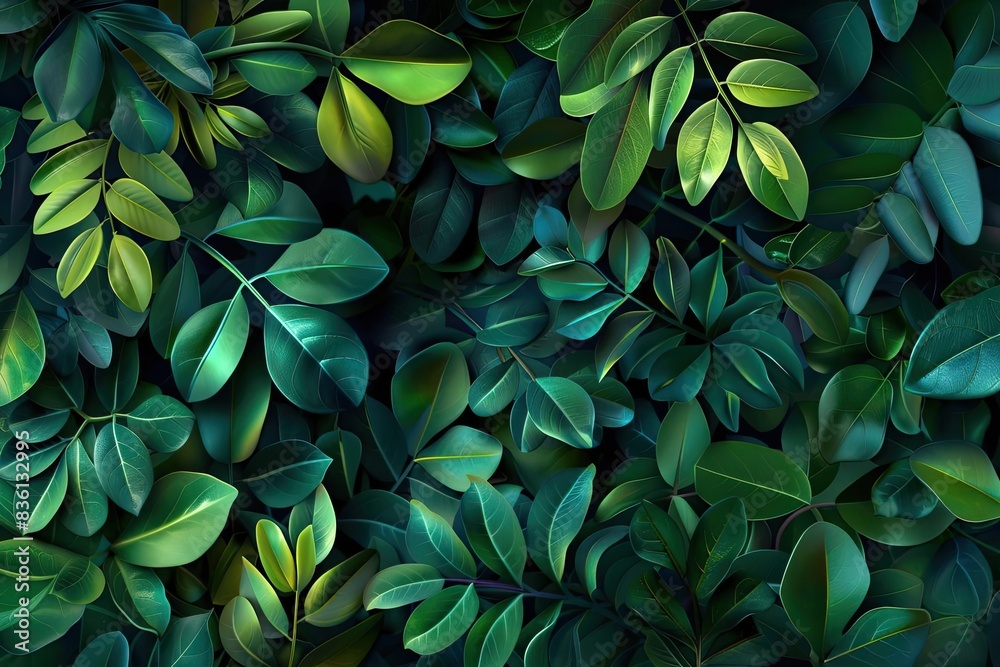 Poster lush green foliage background featuring various leaves in different shades of green, creating a vibr