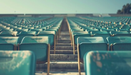 Obraz premium Empty stadium seats in rows under clear sky, vibrant turquoise seats create a geometric pattern, perfect for sports and event themes.