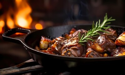 Mutton chops glazed with rosemary and garlic sizzling on a cast iron skillet close up shot, Ai Generated