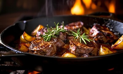 Mutton chops glazed with rosemary and garlic sizzling on a cast iron skillet close up shot, Ai Generated