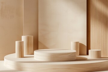 Fototapeta premium Minimalist composition of wooden stands on a light background.