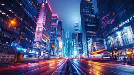 Fototapeta premium Urban Nightscape: bustling urban nightscape with illuminated skyscrapers, busy streets, and vibrant nightlife,