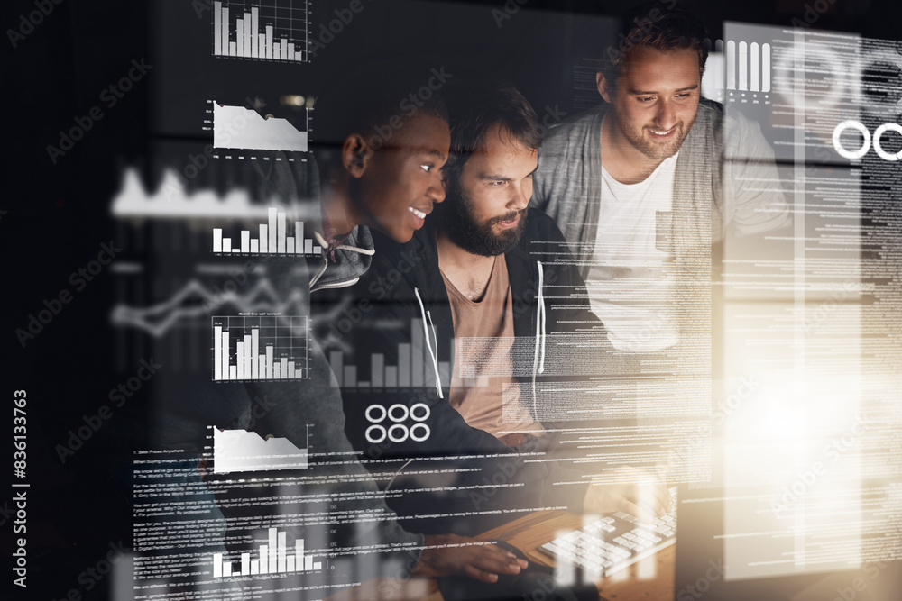 Poster Men, web design and teamwork for collaboration, coding and fintech app development with overlay at night. Software team, programmers and hologram with graph, script and analytics for financial review