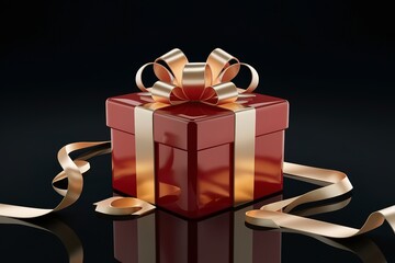 3D Render of Glossy Matte Red Gift Box With Silk Bow Ribbon On Black Background
