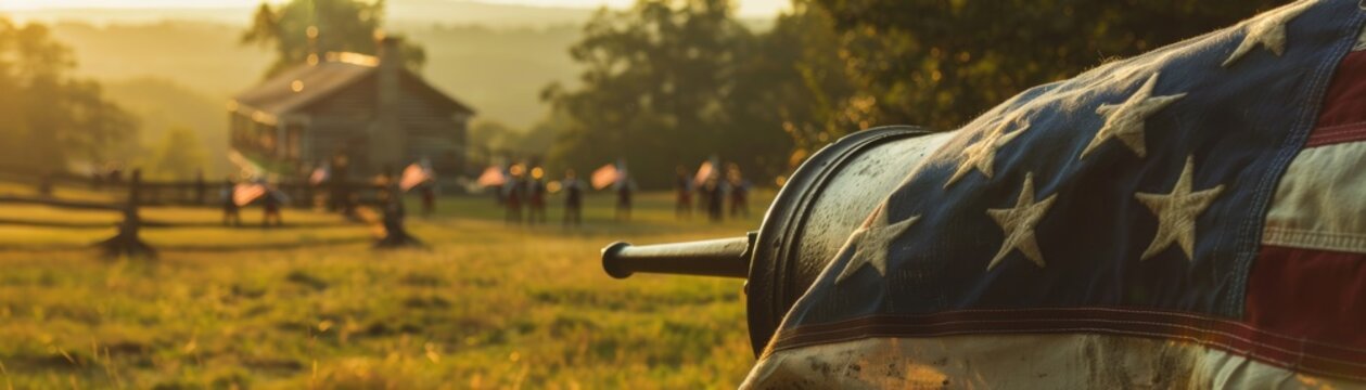 Patriotic Scene: Vintage American Flag on Cannon at Valley Forge with Reenactors and Historical Buildings in Background