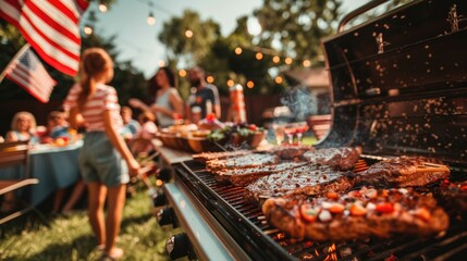 July 4th Celebration in the Backyard Family BBQ with American Flags and Sizzling Steaks under the Sun
