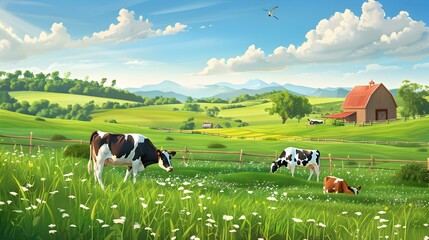 Fototapeta premium A farm with cows grazing