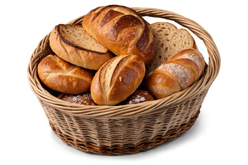 An assortment of delicious fresh bread varieties in a wicket basket with a transparent, white background, ideal as a png image
