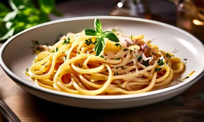 Overhead view pasta dish with al dente spaghetti entwined around a fork placed atop a ceramic plat, Ai Generated