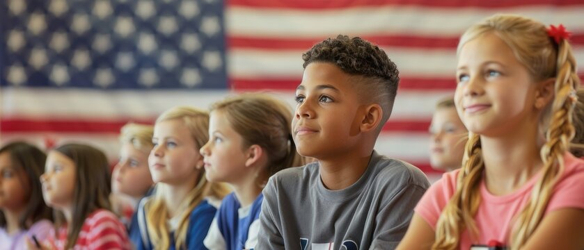 Engaging Classroom Dialogue on Independence Day with American Flag, Active Students, and Vibrant Atmosphere