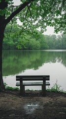 Obraz premium Serene lakeside view with an empty bench under lush green trees, reflecting calm and peace in a natural setting.