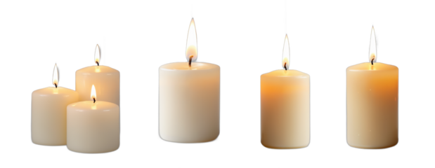 Set of candles with their flames isolated on transparent background.