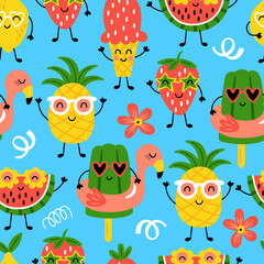 Summer seamless pattern design with cute funny fruits. Childish print for cards, wallpaper and background. Vector illustration