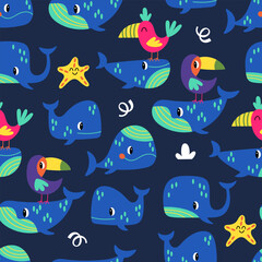 Summer seamless pattern design with cute under water whales. Childish print for cards, wallpaper and background. Vector illustration