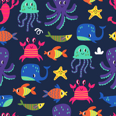 Summer seamless pattern design with cute under water animals and fish. Childish print for cards, wallpaper and background. Vector illustration