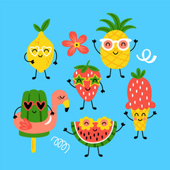 Summer holidays cute funny fruit set. Childish print for card, stickers, party invitations and apparel