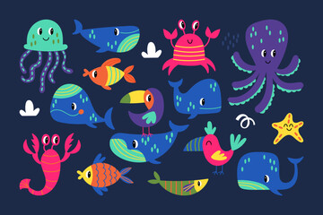 Cute under sea water animals set. Childish print for cards, apparel and decoration