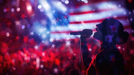 Anthem Singer Performing at Independence Day Event with American Flag Background and Energetic Crowd