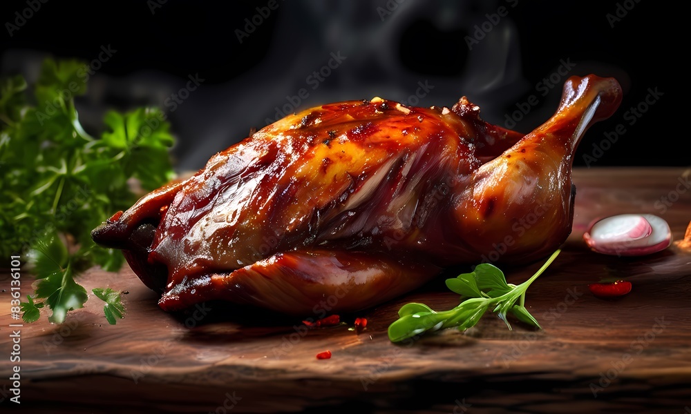 Wall mural Top view of a crispy spicy duck garnished with a mix of fresh green herbs on a rustic wooden table, AI Generated