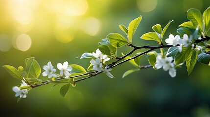 Close-up of a blooming branch with white flowers and green leaves.