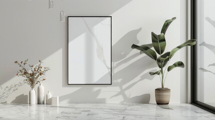 A blank white marble picture frame mockup hangs on a textured interior wall, adding an architectural touch with various flowers placed nearby. The 3D poster mockup complements the modern, minimalist