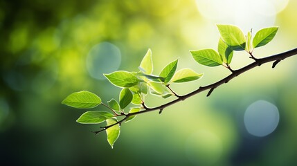 Close-up of fresh green leaves on a branch in sunlight.