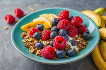 Large bowl with delicious breakfast, granola, fruit and yogurt on the table.