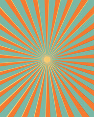 Obraz premium A retro sunburst pattern with orange and blue rays radiating from the centre, creating a vibrant and symmetrical abstract background.