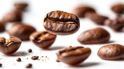 PNG illustration of coffee beans in freefall, set against a pristine white background, capturing the rich texture and form of the beans AI Generative.