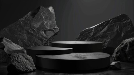 Dark abstract pedestal display with large rocks and shadows, perfect for product showcase or background presentations.