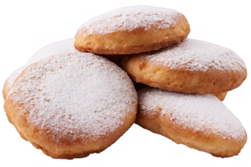 Delicious donuts dusted with powdered sugar, presented on a transparent white background and saved as a png for versatile use