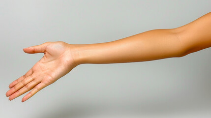 Close-up of an open hand and extended arm on a neutral background, demonstrating gesture, expression, and human connection.