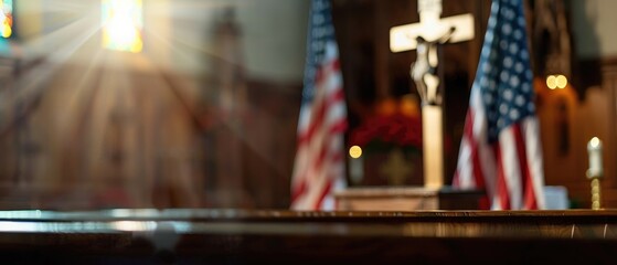 Patriotic Tribute American Flag and Cross on Church Altar for Independence Day