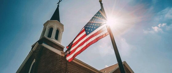 Patriotic American Flag with Church Silhouette for Independence Day Celebration