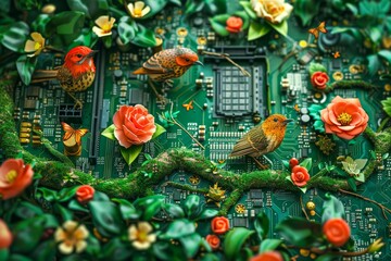 Colorful birds and blooming flowers on a circuit board, blending nature and technology in a vibrant, artistic composition.