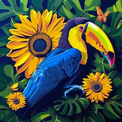 Colorful toucan with vibrant beak perched among sunflowers and green leaves, accompanied by a butterfly, tropical setting.