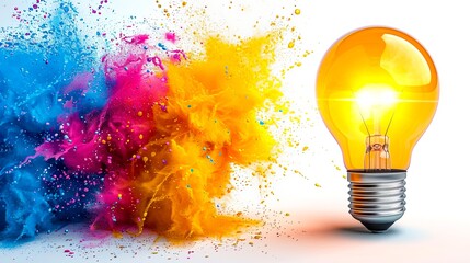 Creative concept of colorful powder explosion and glowing light bulb symbolizes innovation, ideas, and bright thinking on white background.