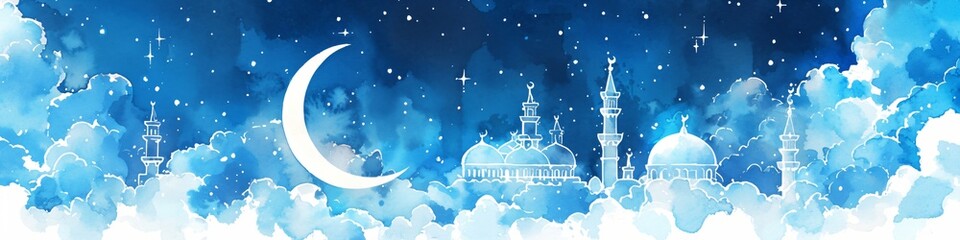 Naklejka premium Panorama view of Taj Mahal at starry night. Night ancient arab city in desert, east architecture in oasis. Happy Independence Day of India. Travel and tourism concept. Watercolor illustration