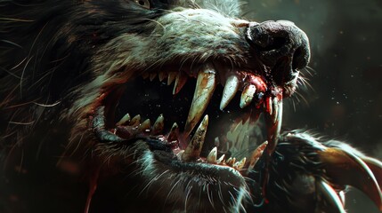 Close-up of a ferocious, snarling werewolf with bloodied teeth, showcasing a fierce and terrifying expression.