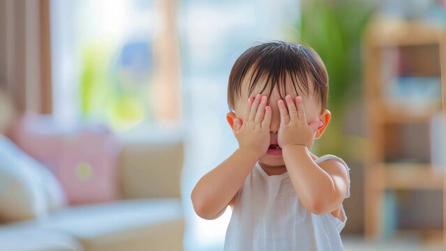 Cute Asian baby covers her eyes with both hands.