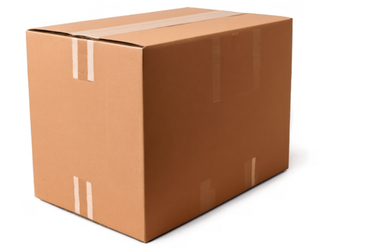 Sealed cardboard box suitable for shipping or storage on a transparent, white background, png