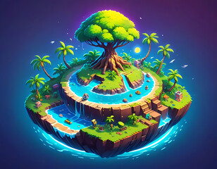 Illustration of a natural landscape featuring Earth as a blue marble with a tree silhouetted against a colorful sky Generative AI