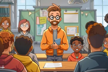 A close-up 2D cartoon of a student giving a presentation in front of the class. The student stands confidently at the front with visual aids, while classmates watch attentively and take notes. The
